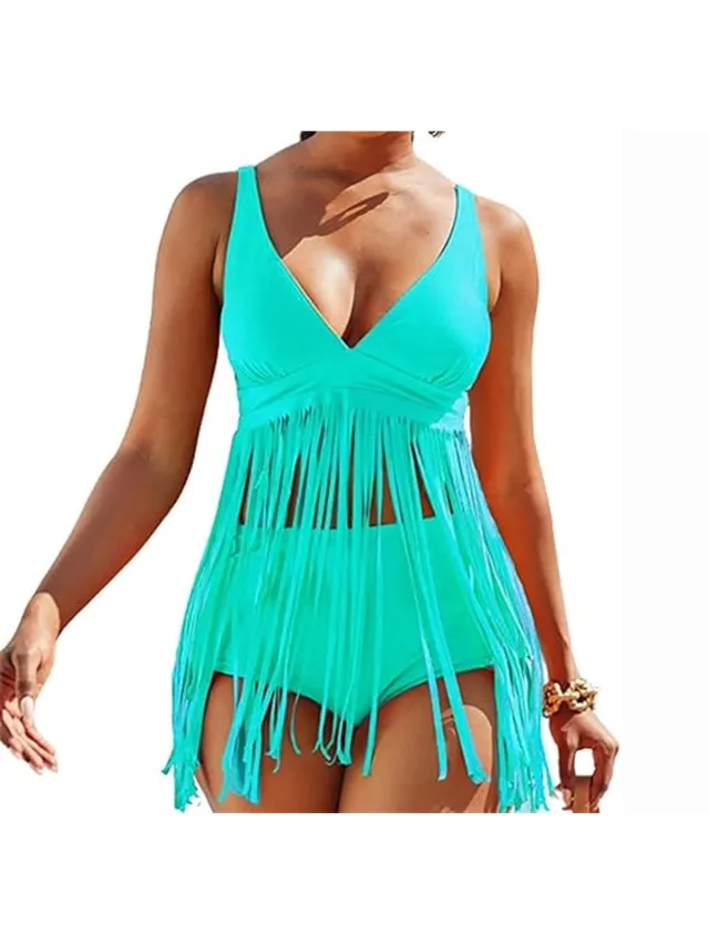 RedParrot Bikini met Franjes - Hoge Taille - Slierten - Zwemkleding Dames - Badpak Blauw