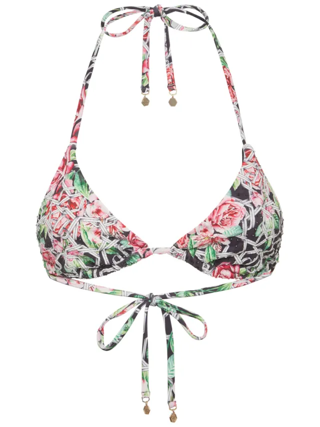 Philipp Plein Swimwear Top Triangle Bra Chain Flower Veelkleurig