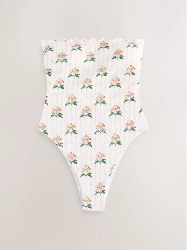 Next Dames - Buikcorrigerend bandeau-badpak met kant - Crème Cream/Pink Floral