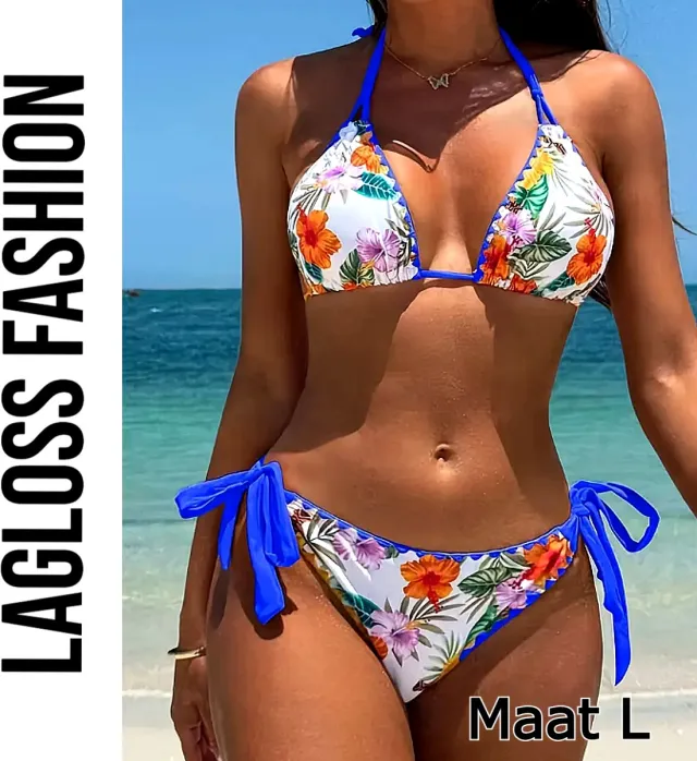 LaGloss 2-Delige Bikini Set Wit Blauw – Bloemenprint Damesbadmode met V-Hals –