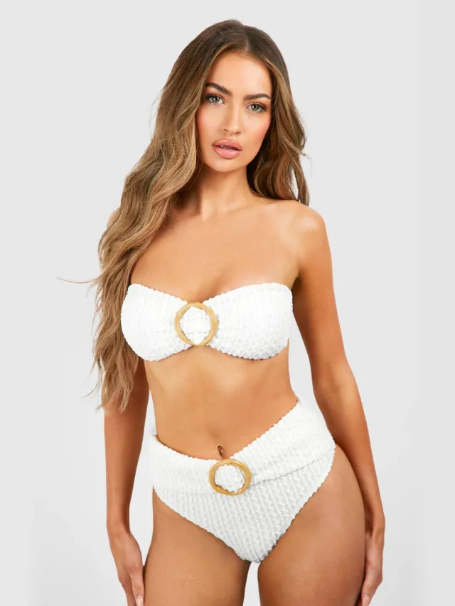 boohoo Dames Bamboe Ring Getextureerde Bandeau Bikini Top Wit