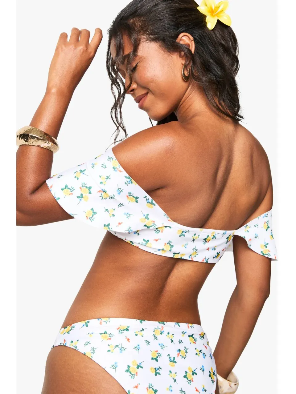 boohoo Dames Bloemige ruches Bardot bikini-top wit, foto 3