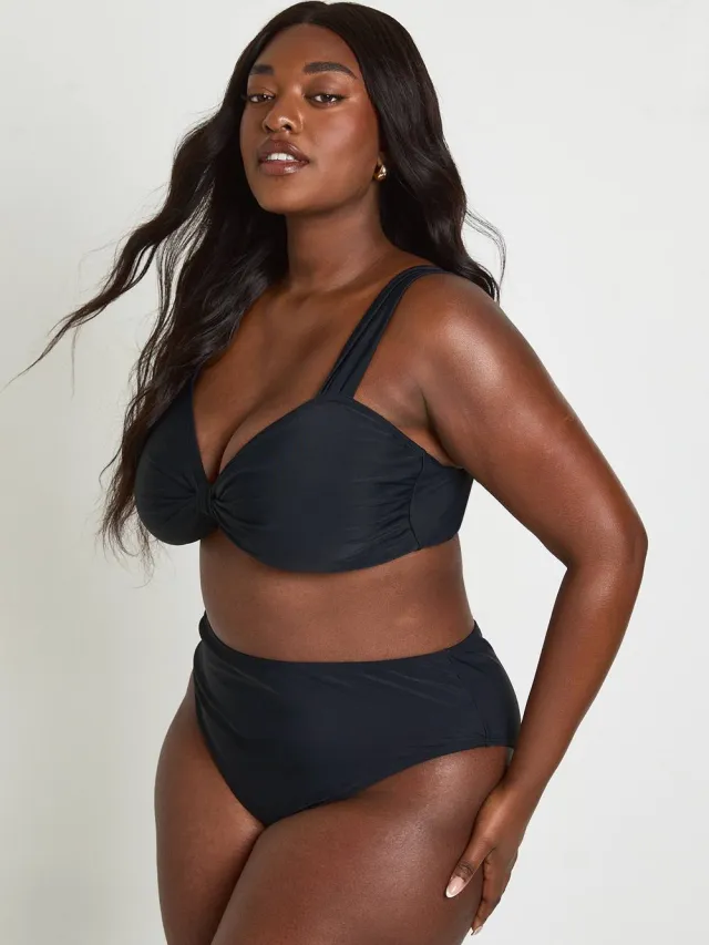 boohoo Dames Plus Bikiniset Met Geknoopte Top En Hoge Taille Broekje Zwart