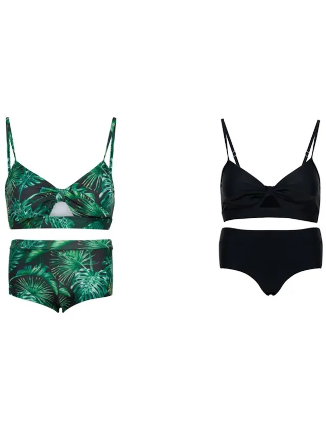 La V Set van 2 bikini hipster broekje en top - Groen bladeren/ Zwart 152-158 Groen/Zwart