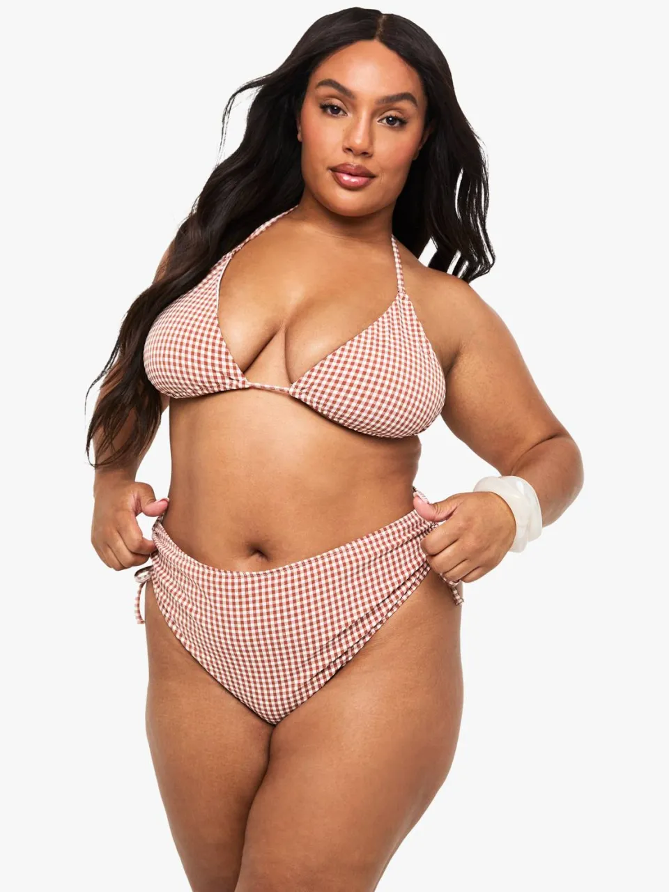 boohoo Dames Plus Seersucker Gingham Geruched Hoge Taille Slip chocoladebruin, foto 3