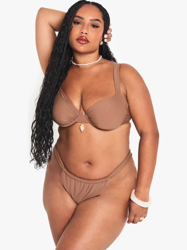 boohoo Dames Plus Bikinitop met Ondersteunende Beugels en Schelpversiering chocoladebruin, foto 3
