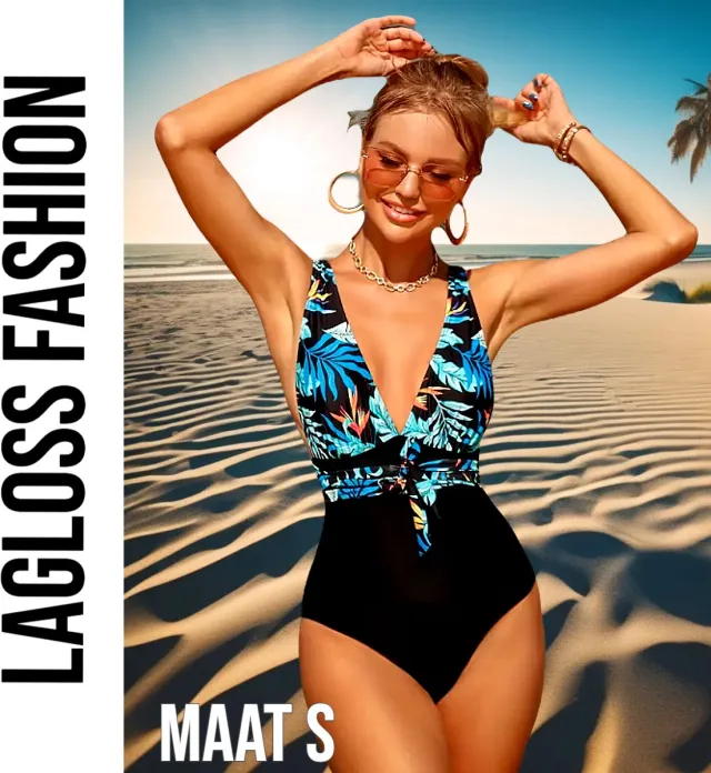 LaGloss Badpak Blauw Zwart – Tropische Print & Diepe V-Hals – Damesbadpak
