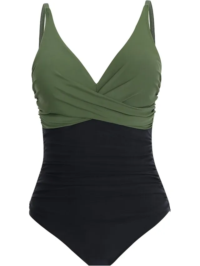 Floraweg Eendelig damesbadpak, Push-Up badpak met V-hals, buikcontrole, hoge taille Olief
