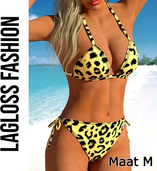 LaGloss 2-delige Luipaardprint Bikini Set – Sexy Triangelmodel met Striksluiting – Hoog Elastisch – Geel