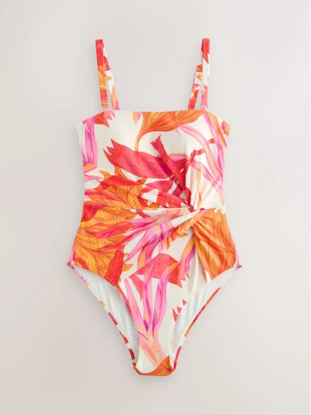 Next Dames - Gedraaid buikbedekkend bandeau-badpak - Crème Kew Gardens Tropcial Print