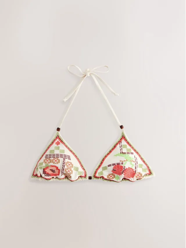 Next Dames - Geborduurde driehoekige bikinitop - Crème Cream Cherry Crosshatch