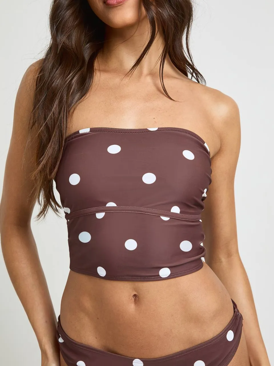 boohoo Dames Polkadot Tankini Bikinitop En Hoge Pijp Bikinibroekje chocoladebruin, foto 4