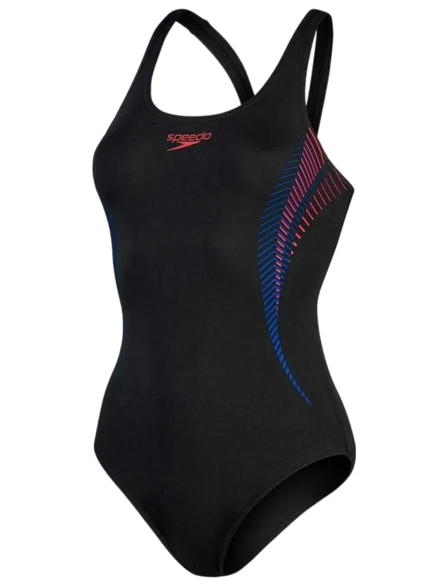 Speedo Dameszwempak met abstracte print en muscleback-ontwerp (Zwart, Rood) Zwart/Rood