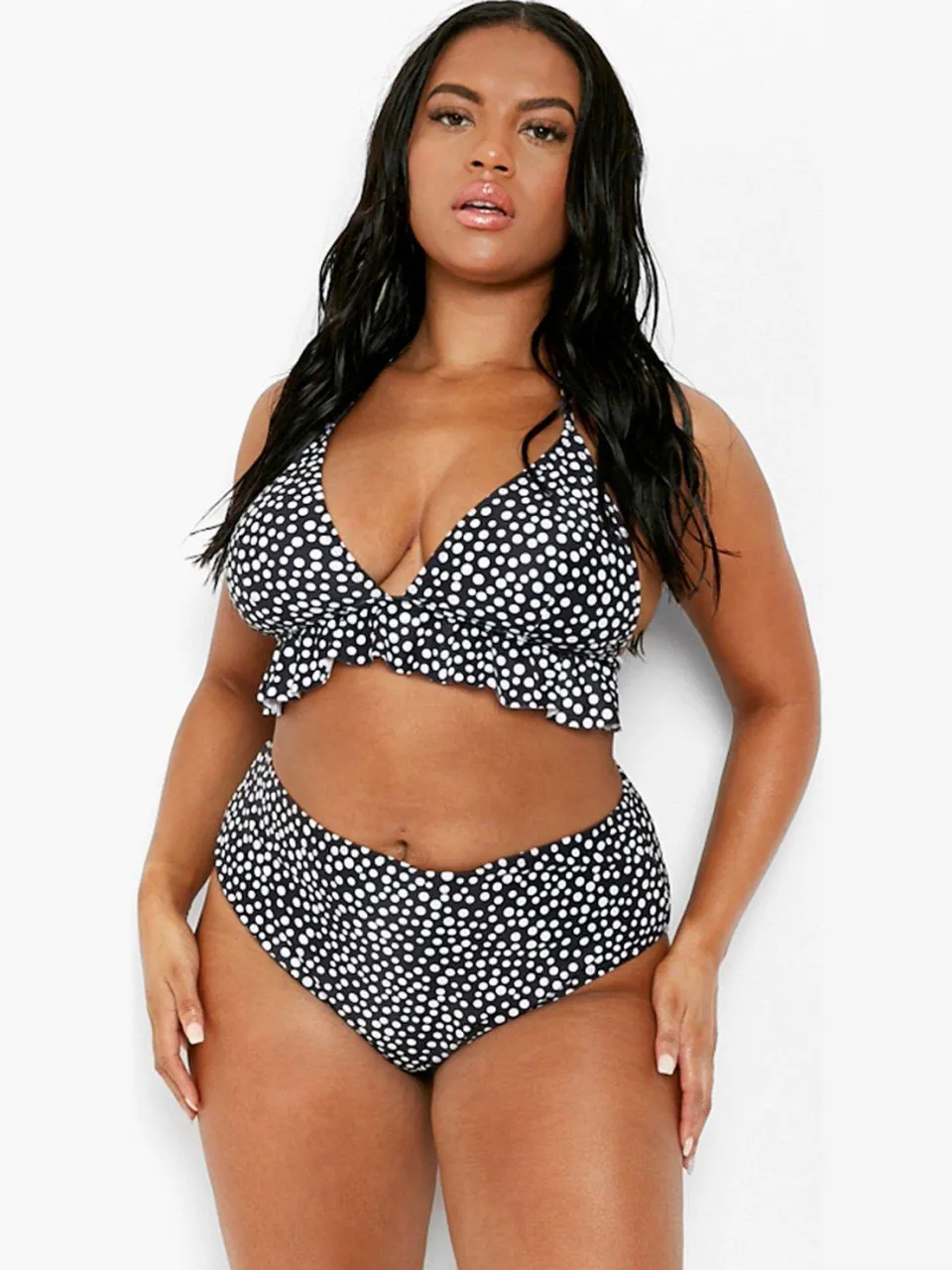 boohoo Dames Plus Bikini met Polkadot Ruffles en Hoge Taille zwart, foto 3