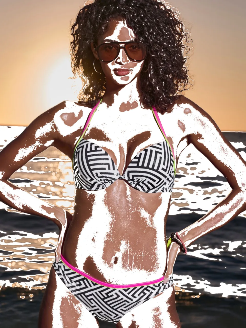 push-upbikinitop roze bloemenprint zwart/wit