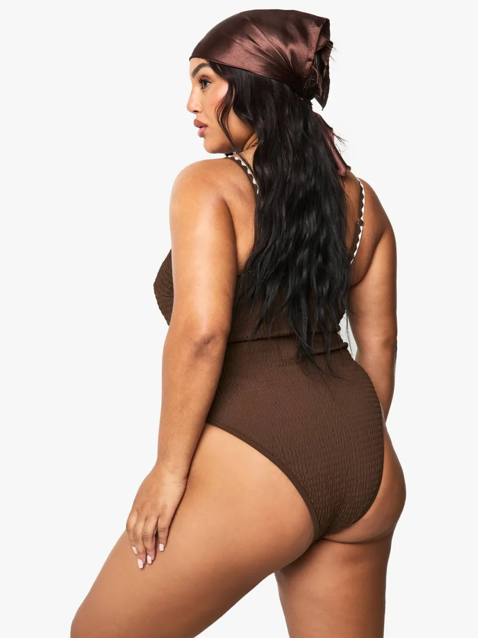 boohoo Dames PLUS CONTRAST STITCH SCOOP BADPAK chocoladebruin, foto 3