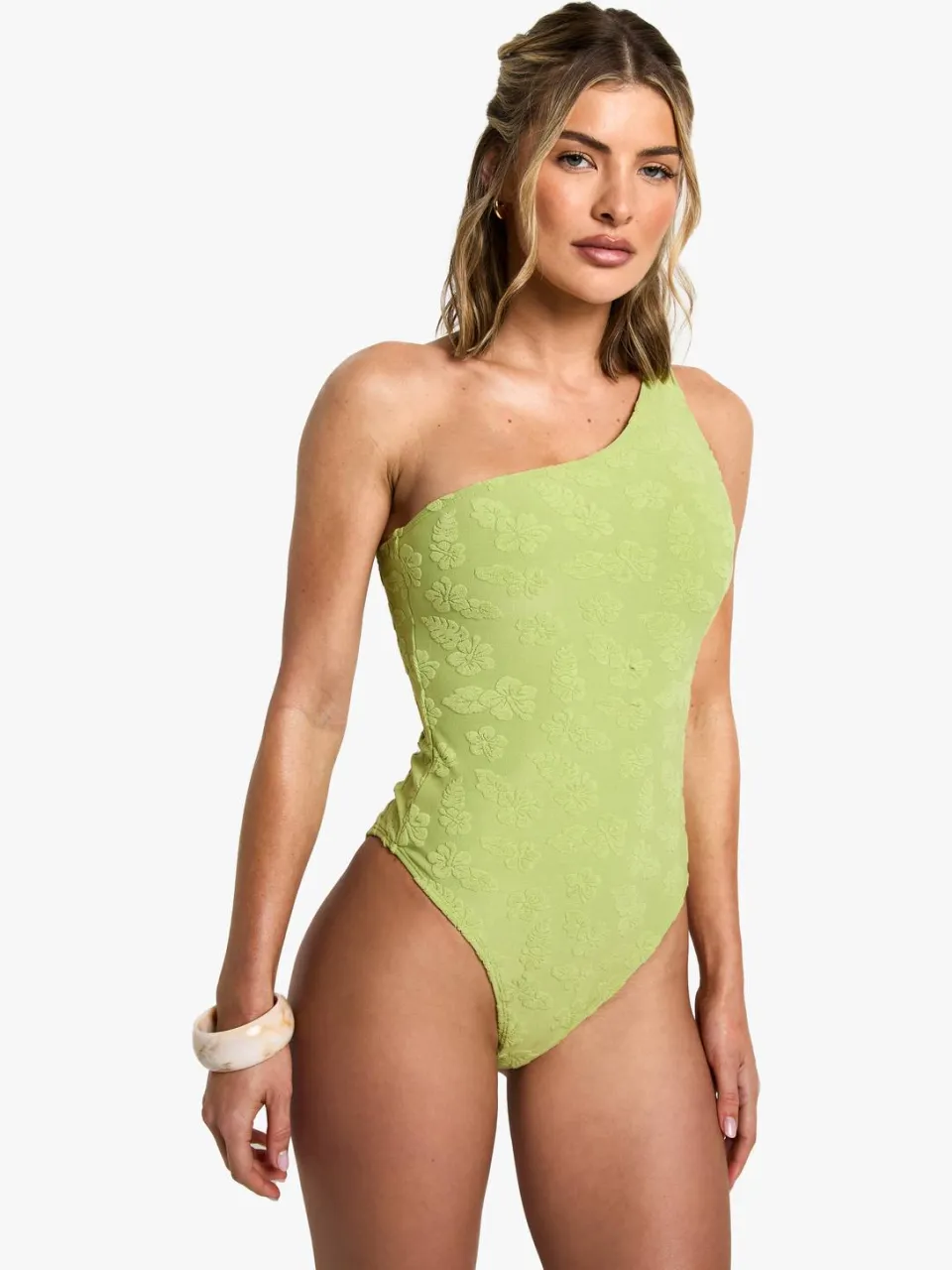 boohoo Dames Hibiscus Bloem Relief Éen-Schouder Zwempak groente, foto 3