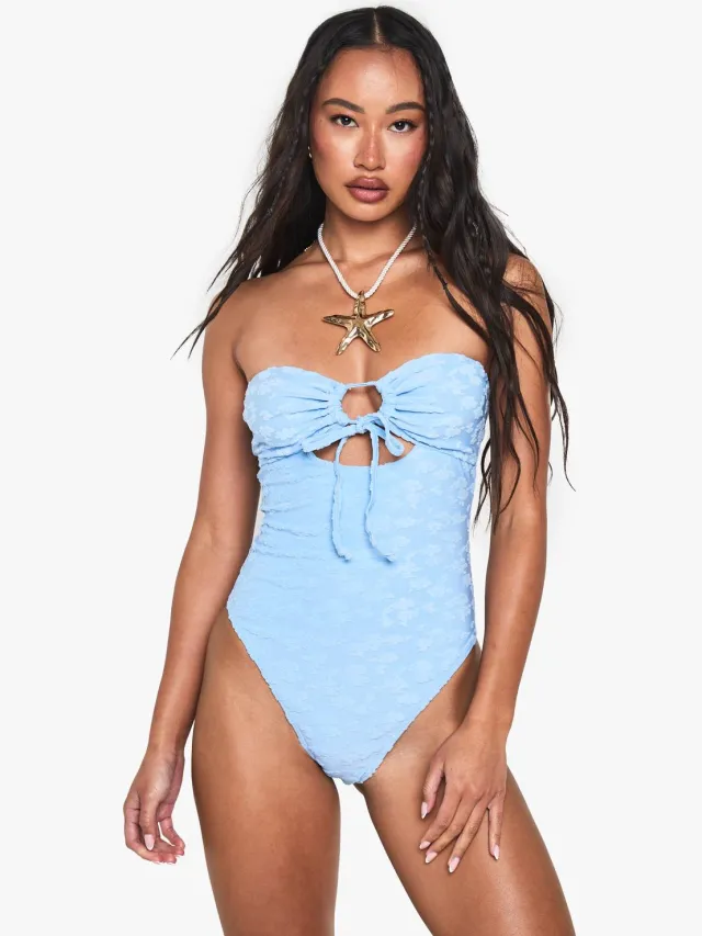 boohoo Dames Bloemrijk Geembosst Bandeau-Badpak Korenblauw