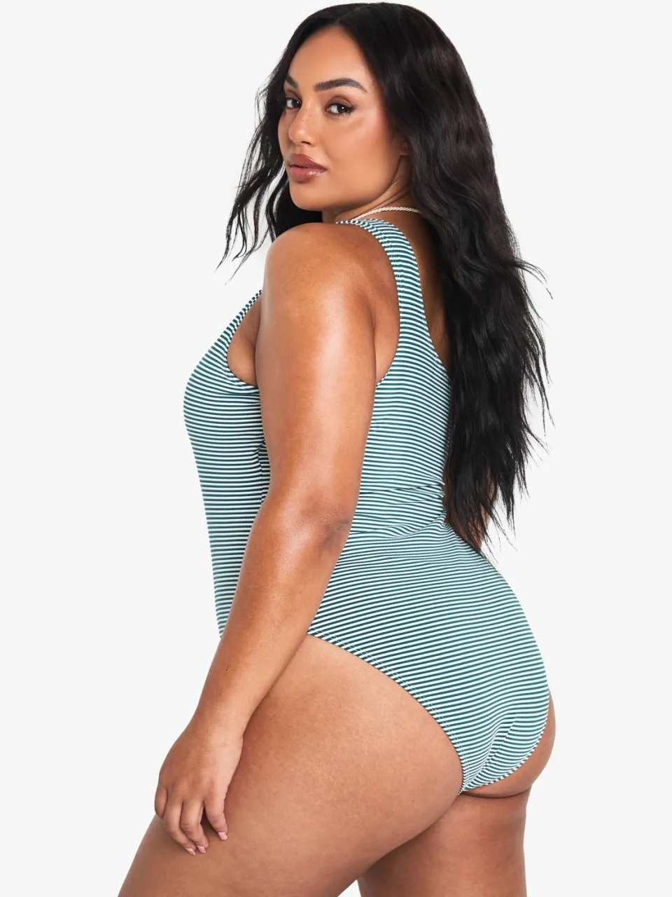 boohoo Dames Plus Seersucker gestreept een-schouder badpak groente, foto 2