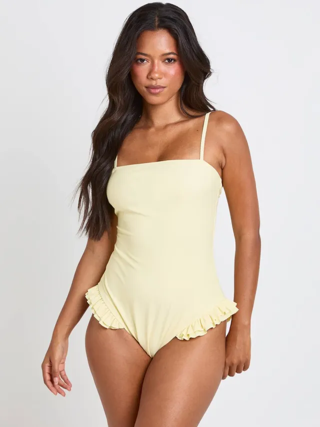 boohoo Dames Badpak Met Vierkante Hals En Ruche Detail Citroen