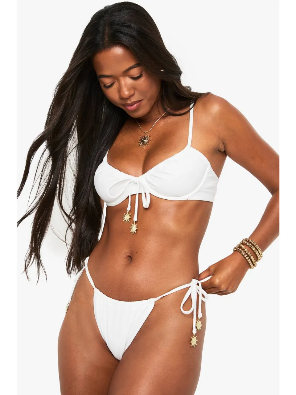 boohoo Dames Sunshine Charm Afwerking Ruched Tie Side Bikini-Broekjes wit, foto 3