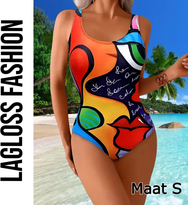 LaGloss Badpak Multicolor Kunstprint – Trendy Eendelig Damesbadpak met Mode Design – Rood
