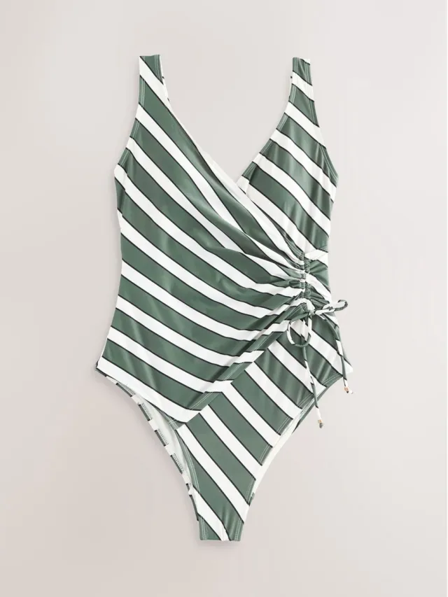 Next Dames - Vormgevend en buikcorrigerend badpak met gerimpelde zijkant - Groen Green/Cream Stripe