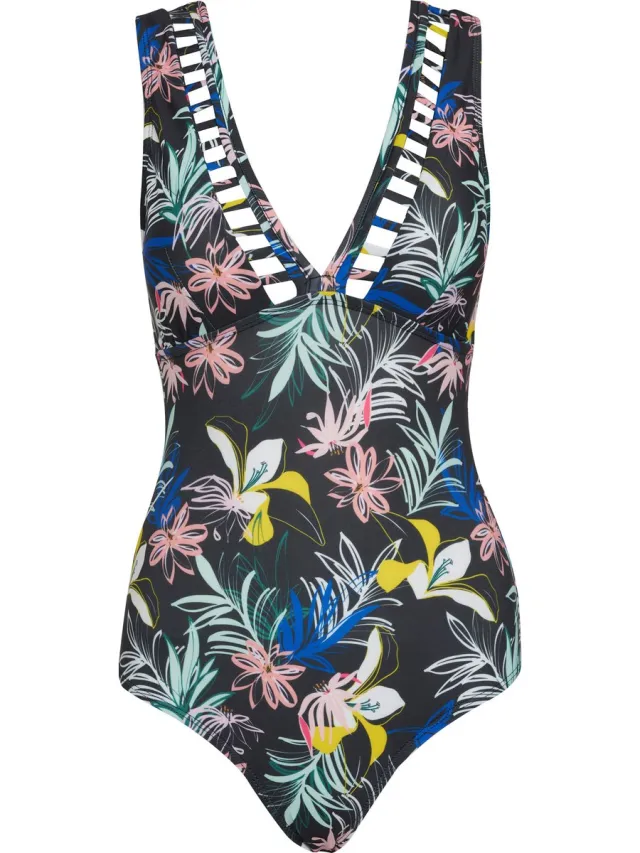 La V Badpak dames met v-hals en ajourdetail Ange'ls flowers L ( Valt klein) Multicolor
