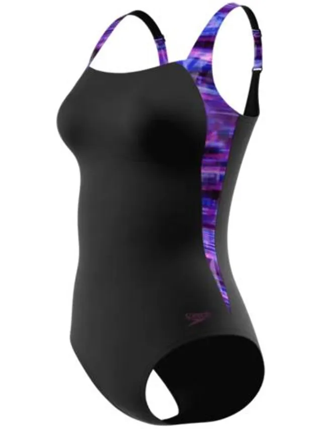 Speedo Luna Lustre Printed 1P Dames - Badpak Dames met Uitneembare Cups - Zwempak Dames met Plooien - Badpak Dames met Verstelbare Bandjes - Zwart/Paars - 38