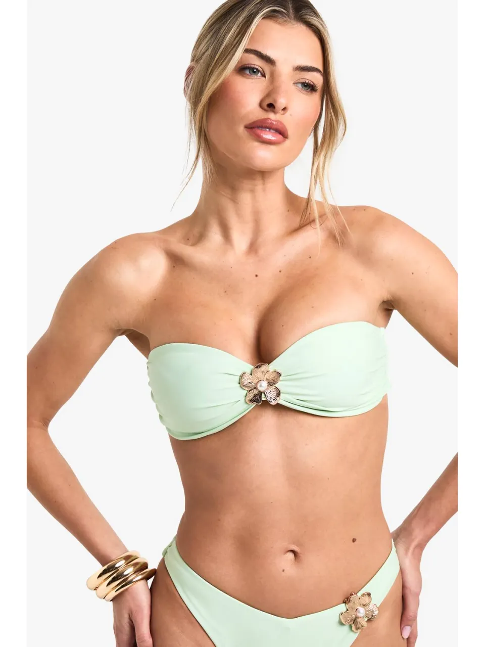 boohoo Dames Pearl Flower Bandeau Bikini Top Munt