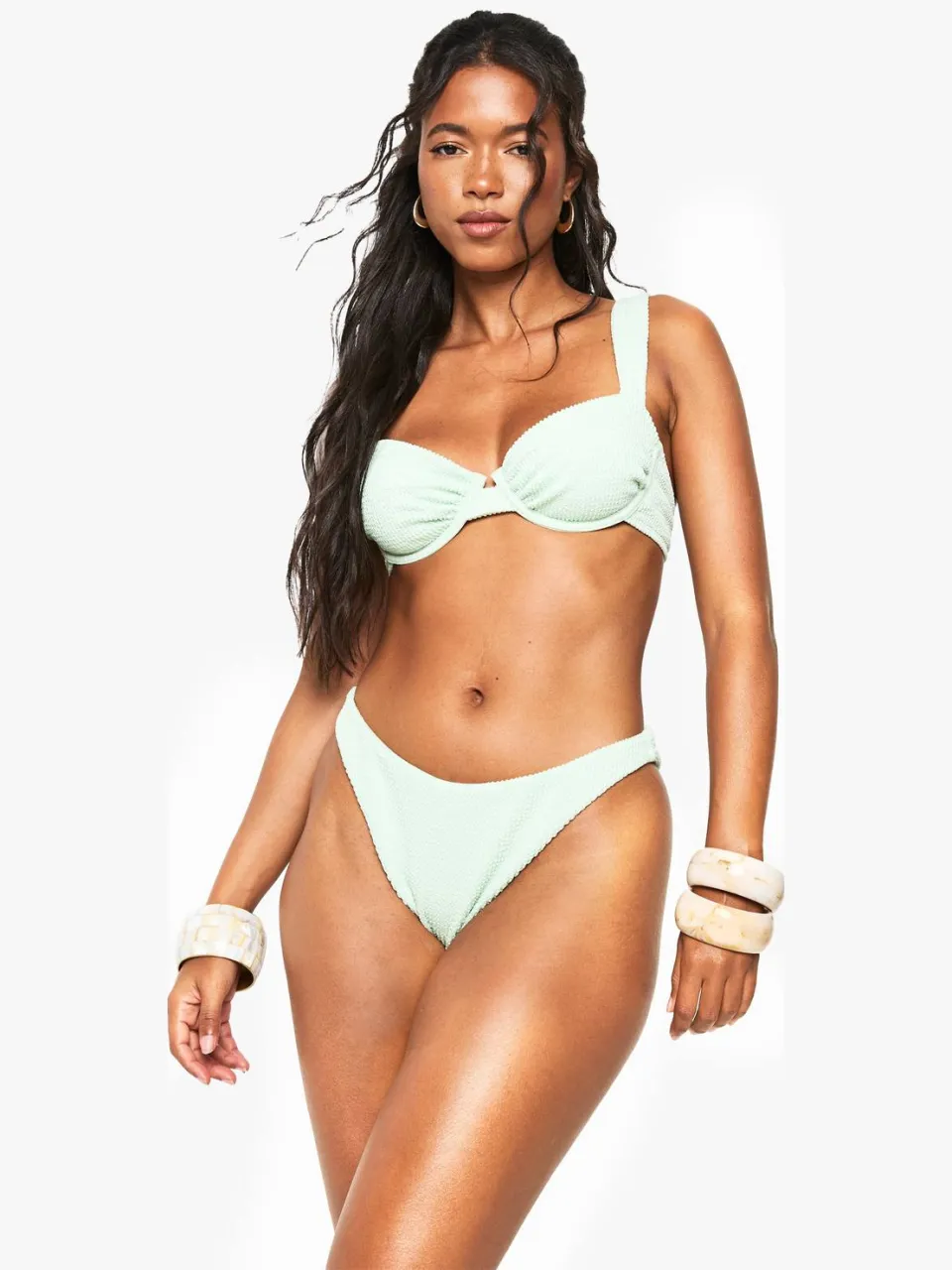 boohoo Dames Zwemkleding Essentials Crinkle Balcony Bikini Top Munt