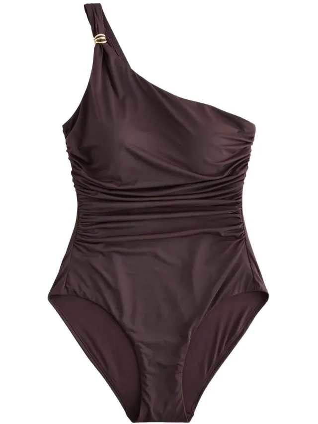 Next Dames - 1-schouder buikcorrigerend badpak met metalen details en rimpels - Bruin Chocolate Brown