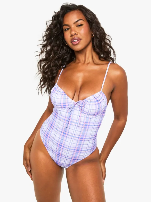 boohoo Dames Petite Lilac Check Underwire zwempak Violet