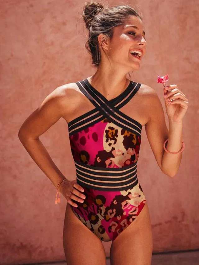 Averie dames vegan Badpak Alanis Roze Dierenprint Rood