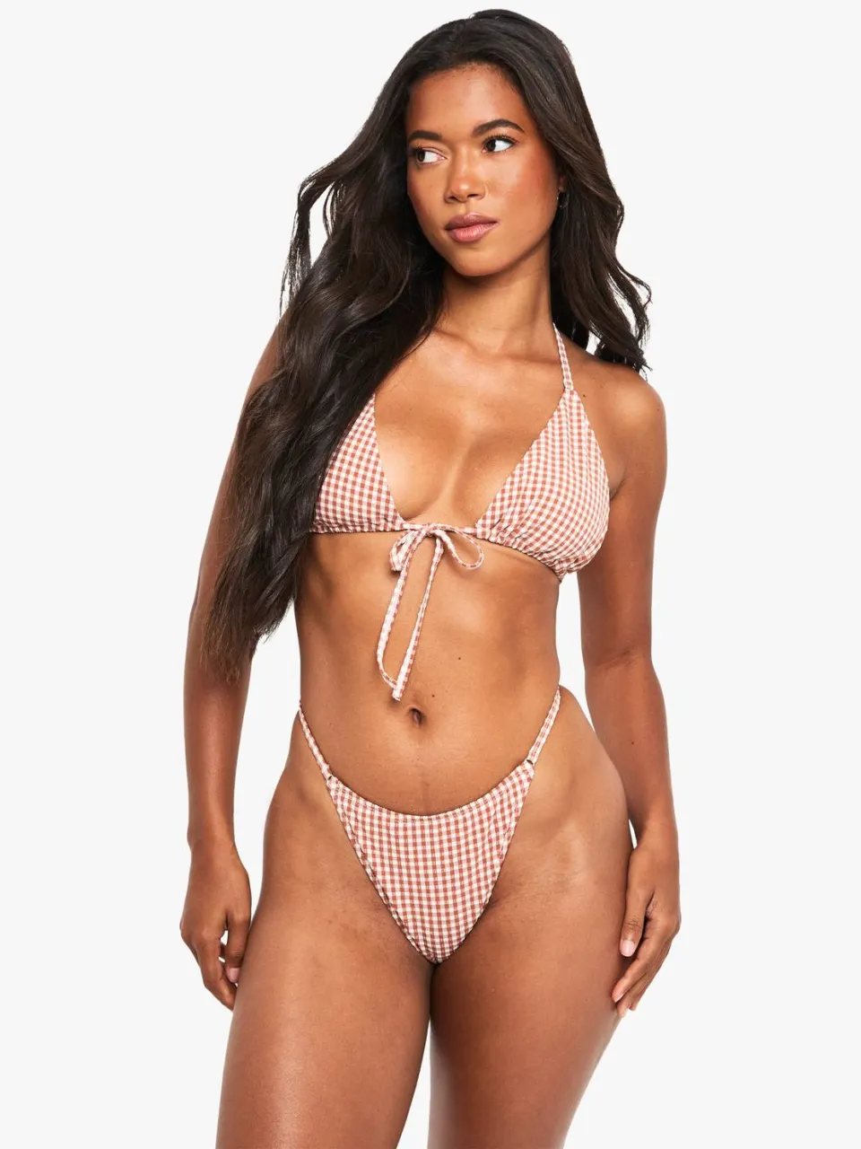 boohoo Dames Seersucker Gingham Tanga Bikini Slip chocoladebruin, foto 3