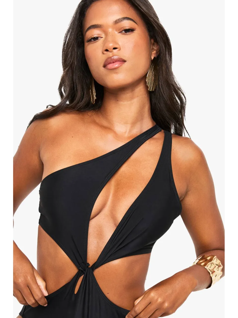 boohoo Dames One Shoulder Cutout Swimsuit zwart, foto 4