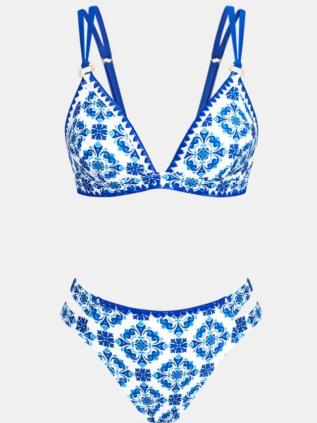Cupshe Bikini Set - Blauw-Wit Geometrisch Patroon - Brede Bandjes - Hoge Taille - Dames - Blauw
