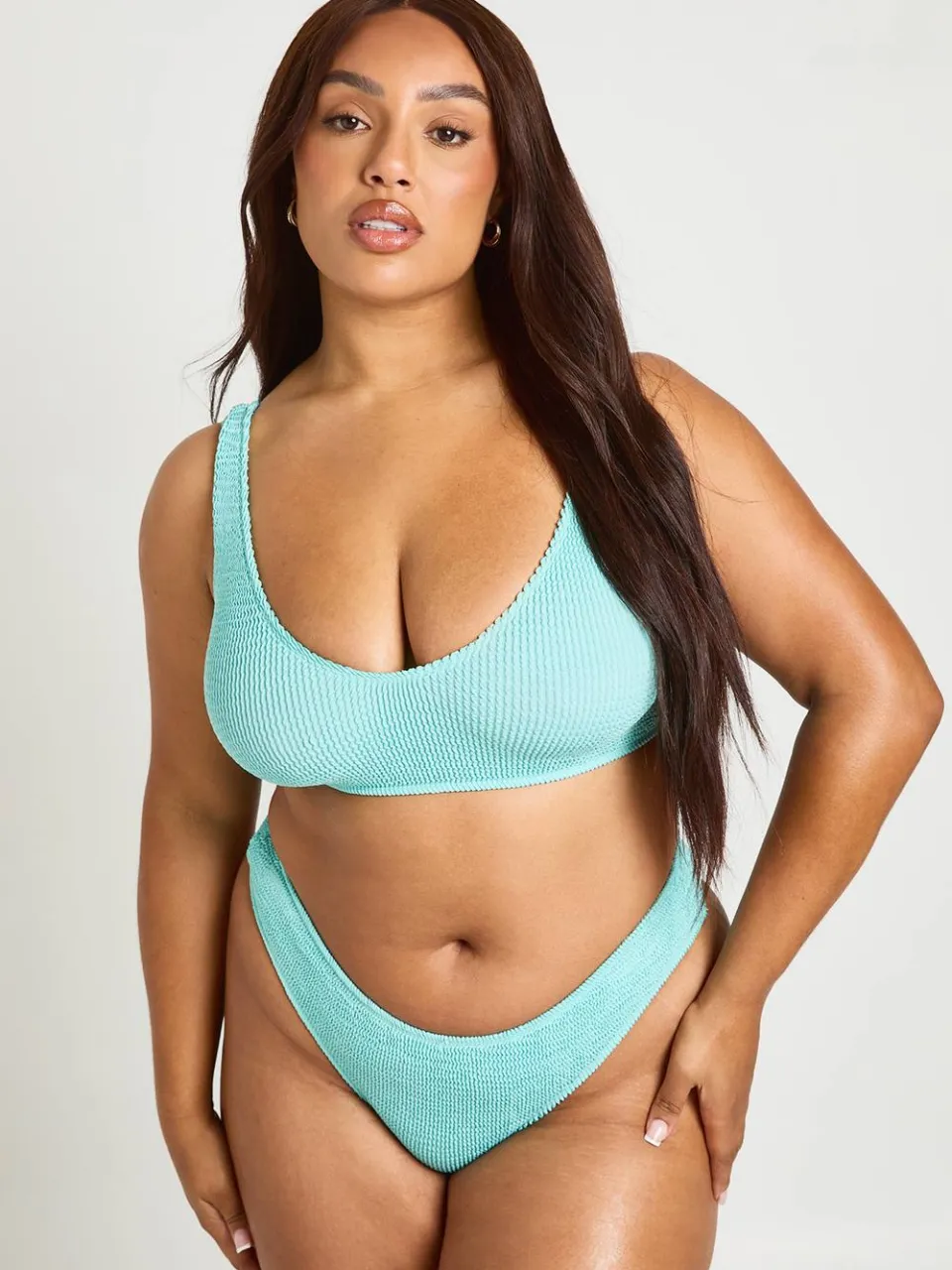 boohoo Dames Premium One Size Fits All Crinkle V-voorpand String Bikinibroekje aqua, foto 4