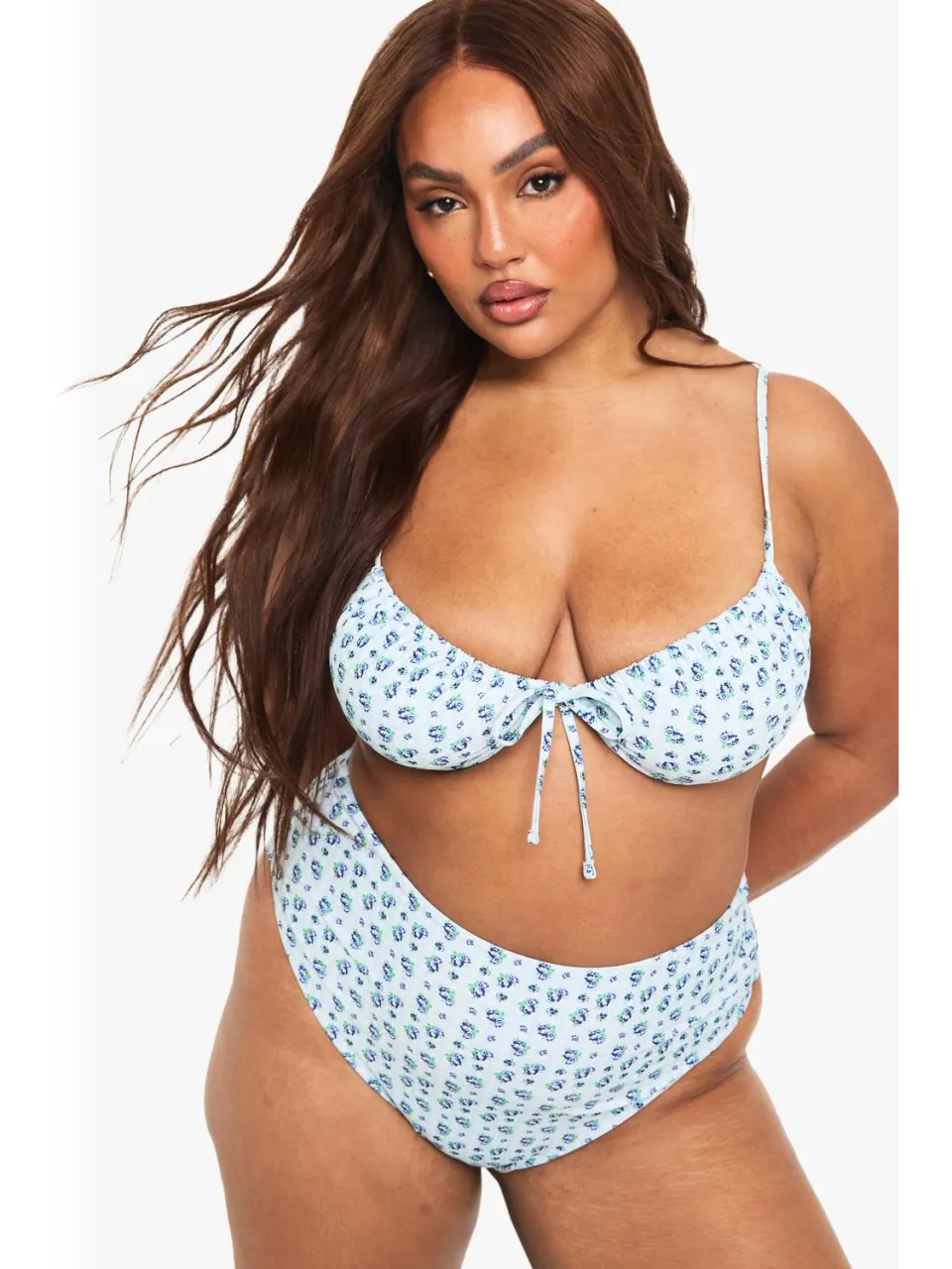 boohoo Dames Plus Gingham Bloemenprint Bikini Top met beugels babyblauw, foto 4