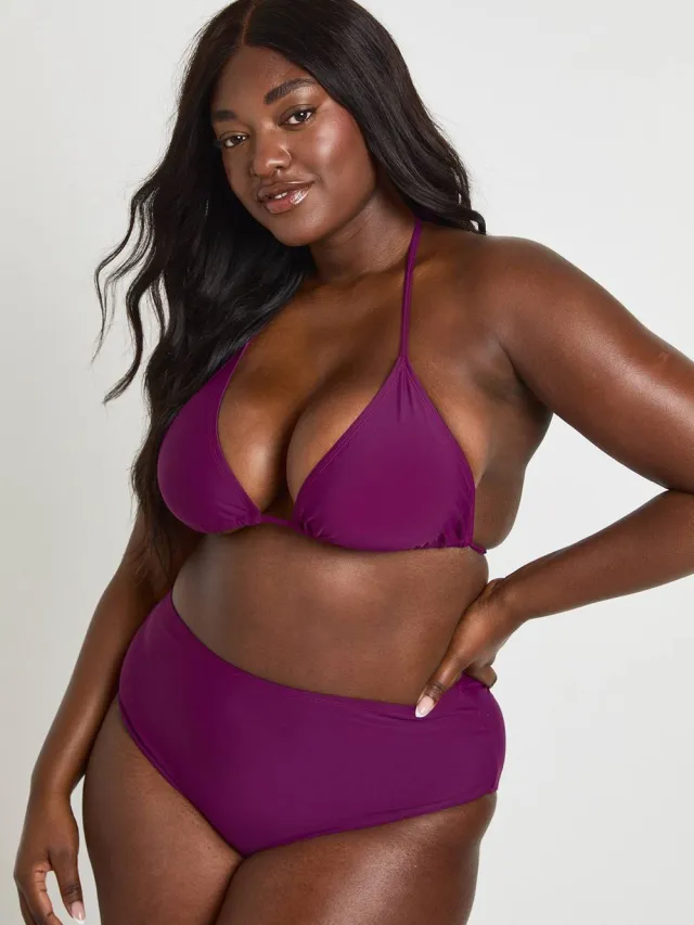 boohoo Dames Plus Zwemkleding Essentials Driehoek Bikini Top & Hoge Taille Broekje Set Violet