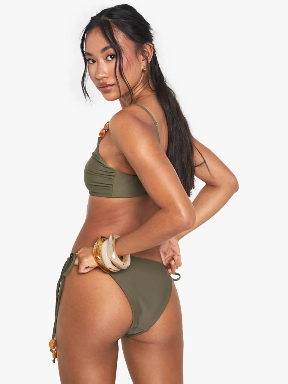 boohoo Dames Resin Stone bikini-broekjes met zijgebonden detail kaki, foto 2
