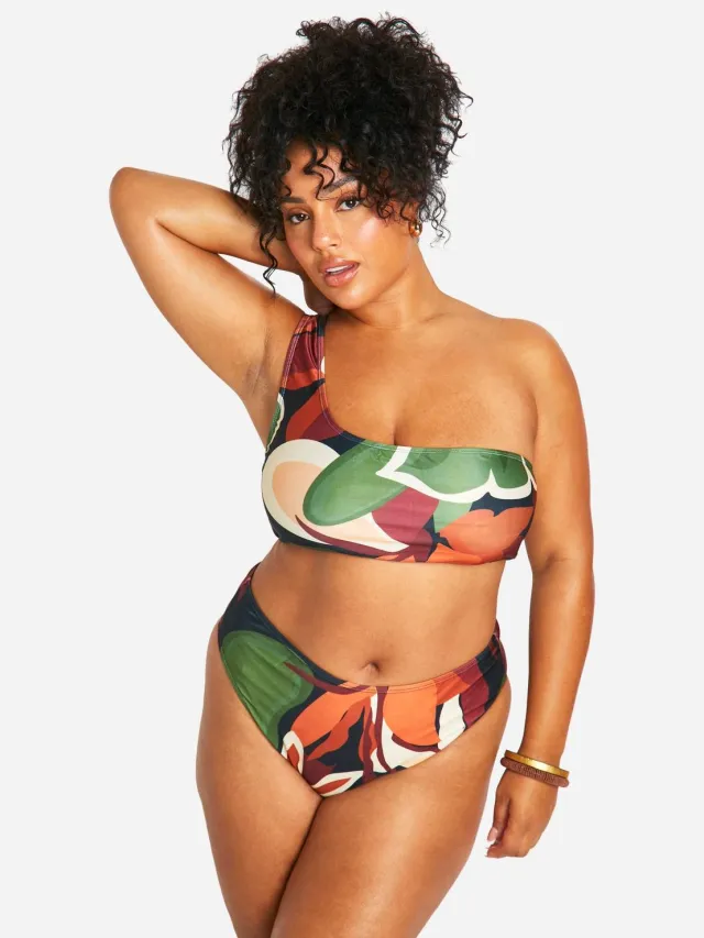 boohoo Dames Plus Tropical One-Shoulder Bikini Multicolor