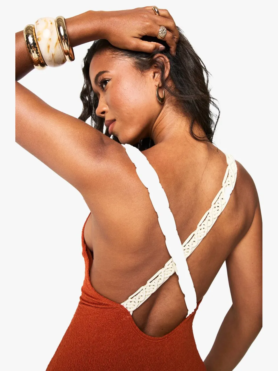 boohoo Dames Badpak met macrame band en kruisrug chocoladebruin, foto 4