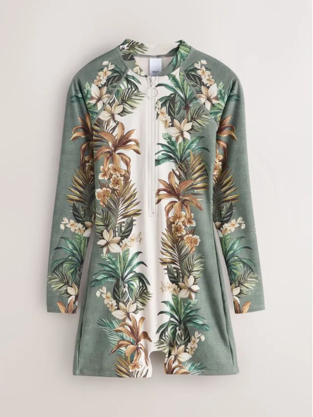Next Dames - Surfbadpak met lange mouwen - Groen Cream/Khaki Green Palm