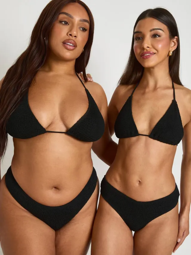 boohoo Dames Premium One Size Fits All Crinkle V-voorkant String Bikinibroekje Zwart