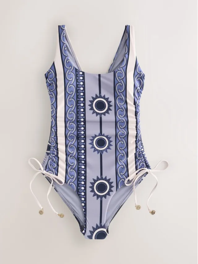 Next Dames - Badpak met lage hals, figuurcorrectie en ruches - Blauw Navy Blue Geometric