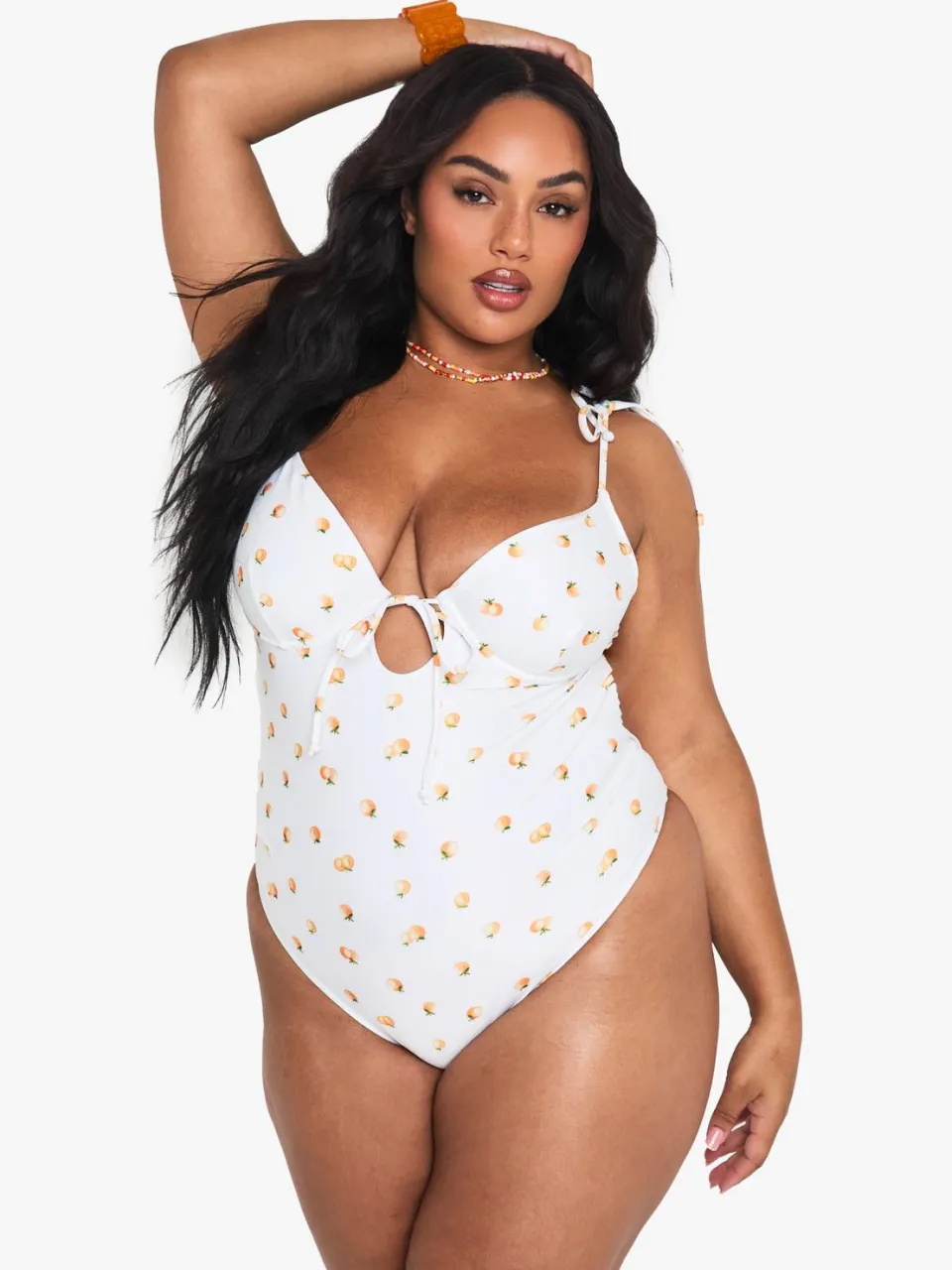 boohoo Dames Plus Tangerine Print Bandeau Badpak oranje, foto 3