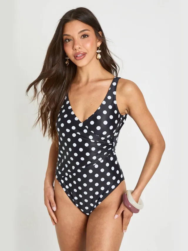 boohoo Dames Polkadot Badpak Met Buikcontrole En Wrapdetail Zwart