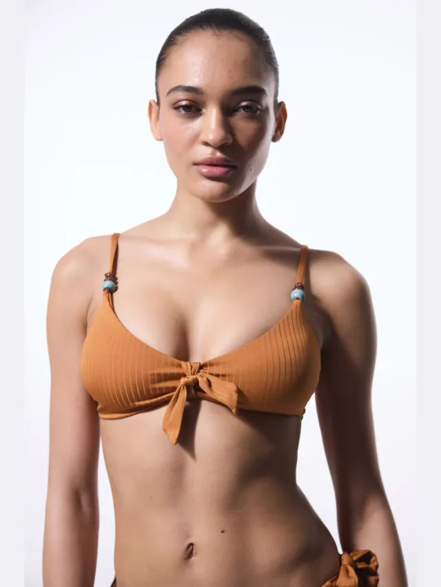 Penti Effen Gebreide Bralette Bikini Top Met Ribbons Detail Camel