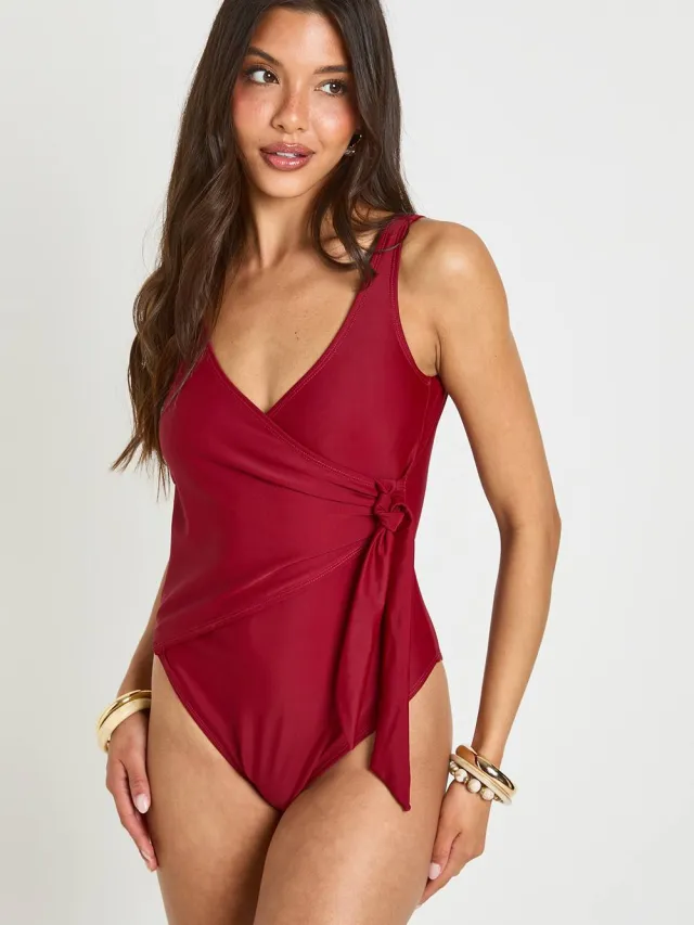 boohoo Dames Buikcontrolerende Badpak Met Wrapdetail Bordeaux Rood